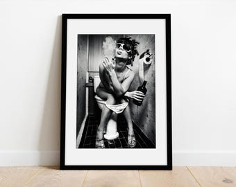 Fine Art photo of Woman drinking in toilet | Drunk Woman Toilet print | Framed print with Matboard