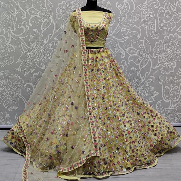 Mirror Work Yellow Color Multi Wark latest designer Bridal Lehengacholi, Wedding Chaniya Choli ,Hand Work Lehenga Choli For women