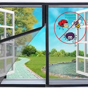 May include: A double-glazed window with a custom-fit flyscreen. The window is open, showing a view of a green landscape with a winding path and a body of water. A graphic of insects crossed out is in the window.