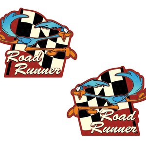May include: Two Road Runner decals featuring a cartoon roadrunner running with a chequered flag. The decals are red, white, and blue with the text "Road Runner" in white.