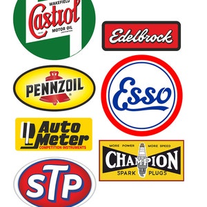 May include: A collection of vintage-style car part and motor oil logos. The logos are in various colors and shapes, including red, green, yellow, blue, and white. The logos include Castrol, Pennzoil, Esso, Auto Meter, STP, Champion, and Edelbrock.