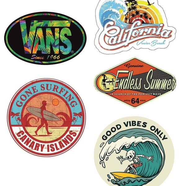 5x SURF California Sticker Cult Sticker Set Beach Bus Oldtimer Hippie Youngtimer Oldschool Retro Vintage Surf Board Summer V8 #971