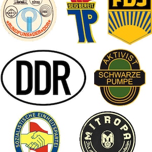 7x DDR-klistermärken, kultklistermärkesset, Mitropa, FDJ, JP, klassisk bil, kulturarv, vintage, östtysk, Ostalgie, Minol, för Trabant, Simson, traktor, ZT, etc. #692