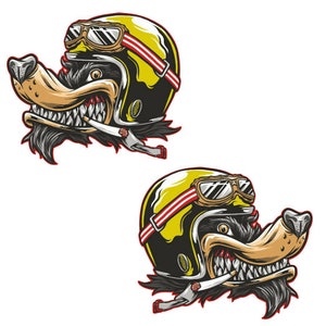 May include: A vintage-style illustration of a wolf wearing a yellow motorcycle helmet with goggles and a cigarette hanging from its mouth.