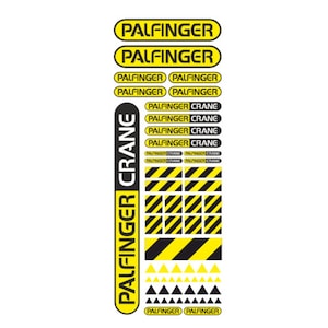 Peut inclure: Un ensemble d'autocollants noirs et jaunes avec le mot "PALFINGER CRANE" répété plusieurs fois. Les autocollants sont conçus pour être utilisés sur les équipements de construction.