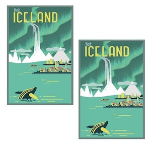 Könnte beinhalten: Zwei Retro-Reiseposter mit dem Text "Visit Iceland" in gelben Buchstaben auf grünem Hintergrund. Die Poster zeigen eine Skyline der Stadt, einen Wasserfall und einen Wal, der im Wasser schwimmt. Der obere Teil der Poster hat einen grün-blauen Nordlicht-Effekt.