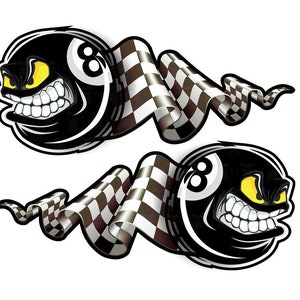May include: Two black and white cartoon images of an 8-ball with a checkered flag tail. The 8-ball has a menacing face with yellow eyes and a wide grin. The checkered flag is black and white.