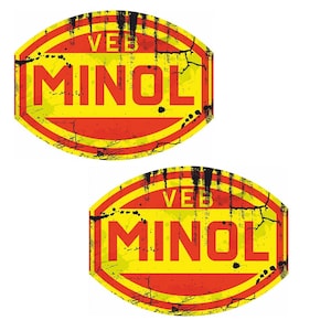 2x VEB Minol Vintage-klistermärken DDR-klistermärken Bil Motorcykel Klassisk bil Traktor Youngtimer Kult Retro Tyskland Östsimson Schwalbe 2-taktare