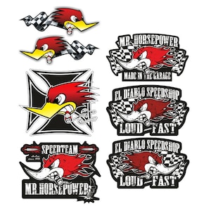 May include: A set of eight vintage-style car decals featuring a cartoon woodpecker with a red head and yellow beak. The decals have various designs, including a cross, chequered flags, and flames. The text on the decals includes "Mr. Horsepower", "Made in the Garage", "El Diablo Speedshop", "Loud and Fast", and "Speedteam".