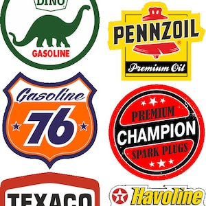 May include: A collection of vintage gas and oil company logos. The logos are in various colors and styles, including a green dinosaur, a red bell, a shield with the number 76, a red circle with the words "Premium Champion Spark Plugs", a red and white logo with the word "Texaco", and a yellow and black logo with the words "Havoline Racing".