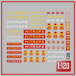 May include: A sheet of model railway decals with the word "MITROPA" in different fonts and sizes, plus logos and text. The decals are red, yellow, and white, with a 1:120 scale.