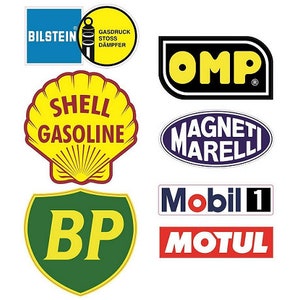 May include: A collection of eight vintage-style logos, including Shell Gasoline, Bilstein, OMP, Magneti Marelli, Mobil 1, Motul, and BP. The logos are all in different colors and styles, and they are all set against a white background.