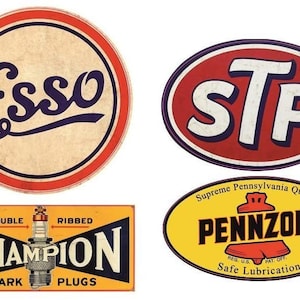 May include: Four vintage-style metal signs in red, white and blue. The signs feature the logos for Esso, STP, Champion Spark Plugs, and Pennzoil. The Pennzoil sign reads "Supreme Pennsylvania Quality" and "Safe Lubrication".