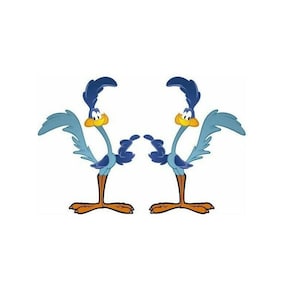 May include: Two cartoon roadrunners facing each other with their wings spread out. They are both blue with yellow beaks and orange legs.