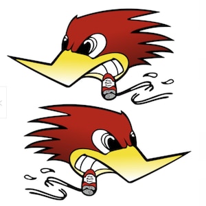 Puede incluir: Una ilustración de dibujos animados de un pájaro carpintero rojo y amarillo con una expresión de enojo, sosteniendo una lata de "Old South Beer" en su pico. El pájaro carpintero está volando con líneas de movimiento detrás de él.