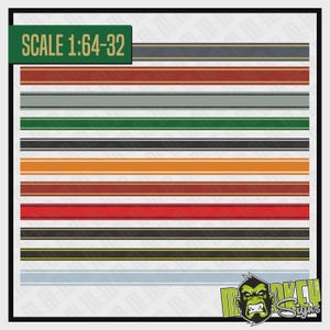 Könnte beinhalten: Eine Sammlung farbenfroher Rennstreifen in verschiedenen Farbtönen, darunter Rot, Orange, Schwarz und Grün, mit dünnen Akzentlinien. Der Text "SCALE 1:64-32" wird in einem grünen Rechteck oben angezeigt. Das Monkey Signs-Logo befindet sich unten rechts.