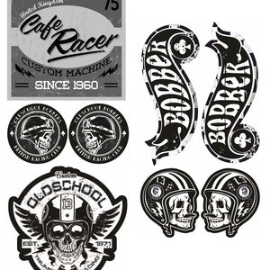 8x Cafe Racer Sticker Cult Sticker Set Oldtimer Moto Biker Bobber Oldschool Skull Custom V2 UK MG612