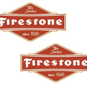 May include: Two red and white vintage-style Firestone Tire Service logos with the text "Firestone" and "since 1926".