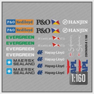 May include: A sheet of model ship decals with logos and names of shipping companies such as P&O Nedlloyd, Evergreen, Maersk Sealand, and Hanjin. The scale is 1:160. The background features a repeating pattern of "Danish Bricks".