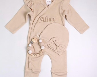 Personalized baby romper with hat and pacifier chain