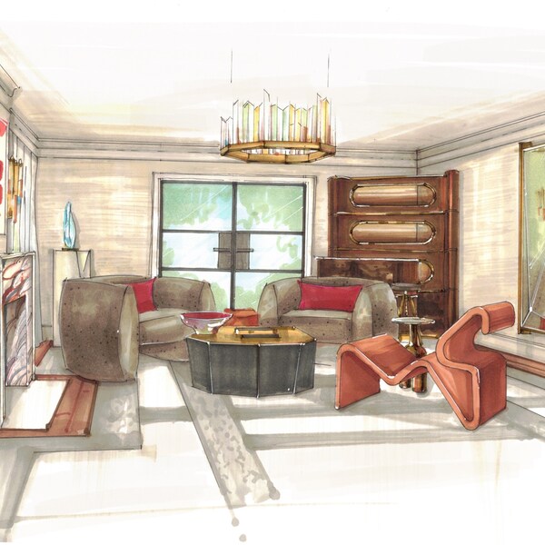 Interior hand drawn render. Custom interior sketch drawing. Concept visualization