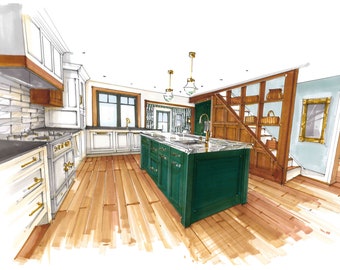 Interior hand drawn render. Custom interior sketch drawing. Concept visualization