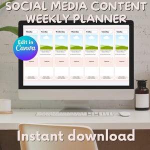 Puede incluir: Una pantalla de ordenador que muestra una plantilla de planificador semanal de contenido para redes sociales con un fondo rosa claro y colinas verdes. La plantilla está dividida en siete columnas para cada día de la semana. El texto "Edit in Canva" se muestra en un círculo morado en la pantalla. El texto "Descarga instantánea" se muestra debajo de la pantalla del ordenador.