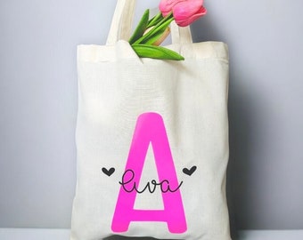 Personalised Initial Cotton Tote Bag: Kids Beach Bag, Custom Name