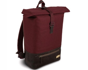 nachhaltiger Rolltop Rucksack "Daily Robin Chocolate", vegan, aus Kork und Bio-Baumwolle