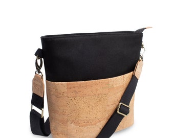 Sac à bandoulière ou sac crossbody "Classic Raven Cream", vegan en liège et coton biologique