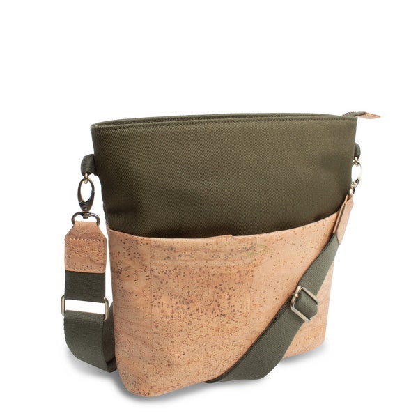 Shoulder bag or crossbody bag "Classic Kiwi Cream", vegan made of cork and organic cotton