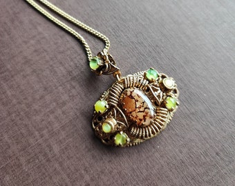 Western Germany vintage necklace gold filigree with green cabochon and brown stone original made in 1950s