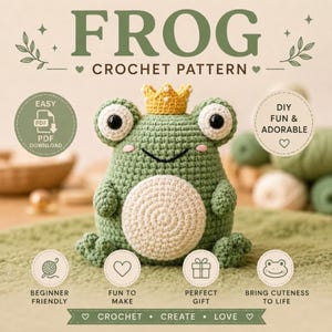 Peut inclure: Un motif de crochet de grenouille verte avec une couronne jaune, de grands yeux blancs et un ventre crème. L'image comprend le texte "FROG CROCHET PATTERN" et d'autres textes qui disent "Beginner Friendly", "Fun to Make", "Perfect Gift", et "Bring Cuteness to Life".