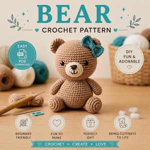 Virkmönster för amigurumibjörn, handledning för söt nallebjörnsplysch, enkelt PDF-virkmönster för nybörjare, kawaii nallebjörns-gör-det-själv-leksak Amerikanska villkor