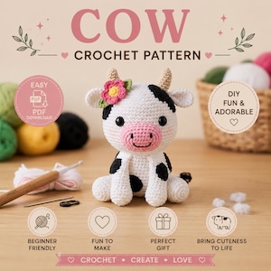 Può includere: Un modello all'uncinetto di mucca con il testo "COW CROCHET PATTERN". La mucca è bianca con macchie nere, un naso rosa e un fiore. L'immagine include il testo che dice "Beginner Friendly", "Fun to Make" e "Perfect Gift".