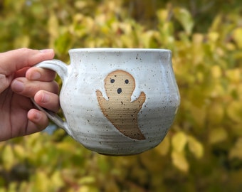 Handmade ceramic mug, ghost coffee cup, Halloween autumn decor, cute spooky mug, fall, tea lover gift, coffee lover gift, speckled clay cup