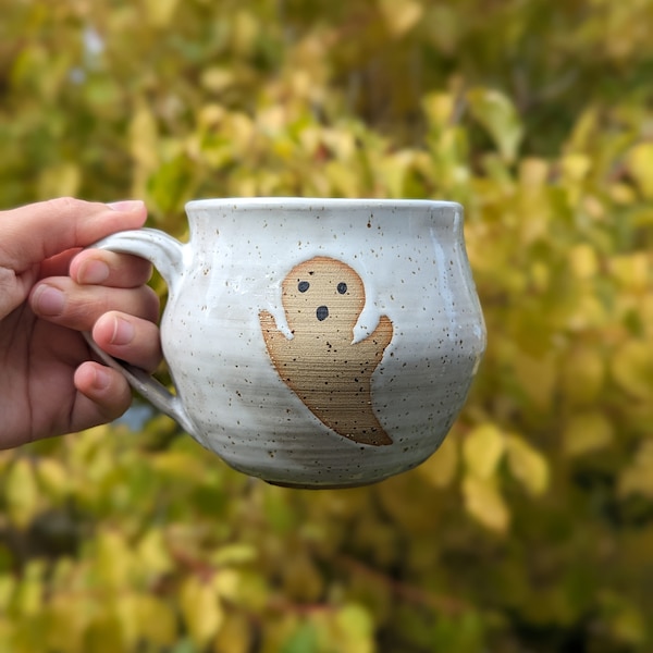 Handmade ceramic mug, ghost coffee cup, Halloween autumn decor, cute spooky mug, fall, tea lover gift, coffee lover gift, speckled clay cup