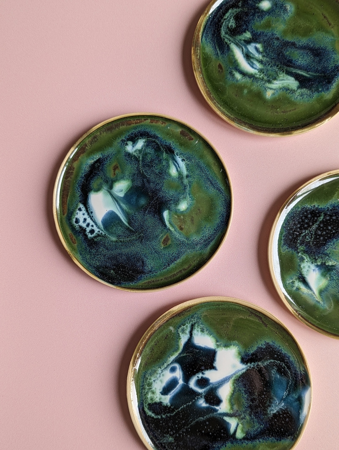 Handmade Ceramic Coaster, Green Coaster, Swirl Coaster Dish, Handmade