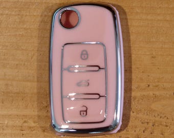 Premium Key Cover for Volkswagen/ SEAT/ Skoda (Pink/Silver) - Transporter, Caddy, Crafter, Golf, Polo, Scirocco, Touran, Beetle, Ibiza
