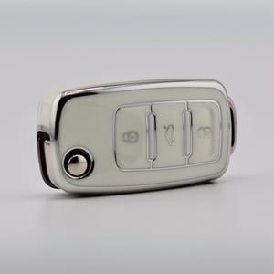 Capa de chave premium para Volkswagen/ SEAT/ Skoda (Branco/Prata) - Transporter, Caddy, Crafter, Golf, Polo, Scirocco, Touran, Beetle, Ibiza