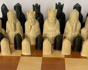 A Complete UK made Isle of Lewis chess set of chessmen game pieces-vintage style hand cast with crushed stone and resin