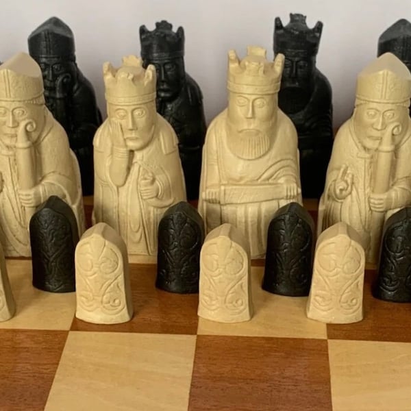 A Complete UK made Isle of Lewis chess set of chessmen game pieces-vintage style hand cast with crushed stone and resin