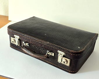True rarity vintage Deco leather suitcase, 1950s, genuine leather, travel case, vintage mid-century 60s briefcase bag