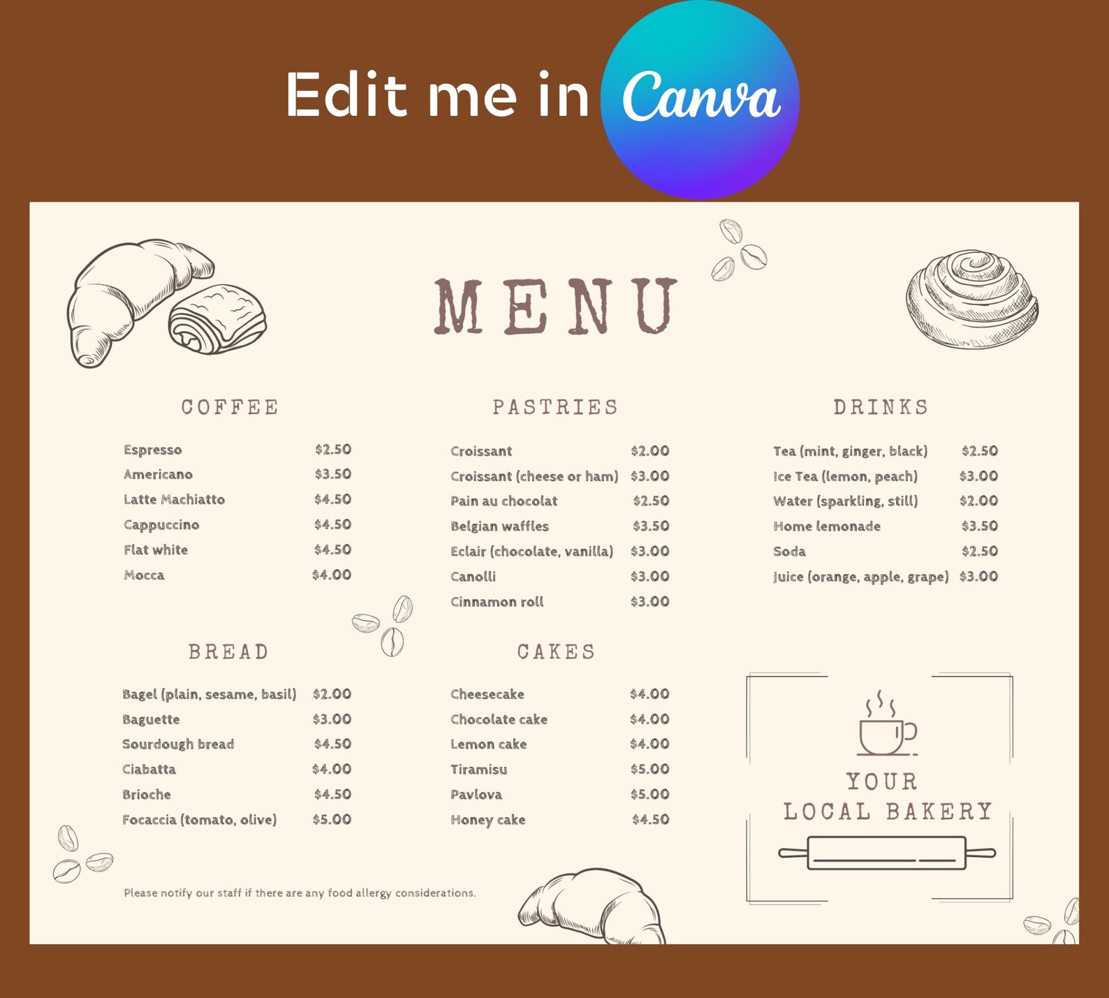 Bakery Menu Template for Canva Edit Your Own Minimal Price List Cozy