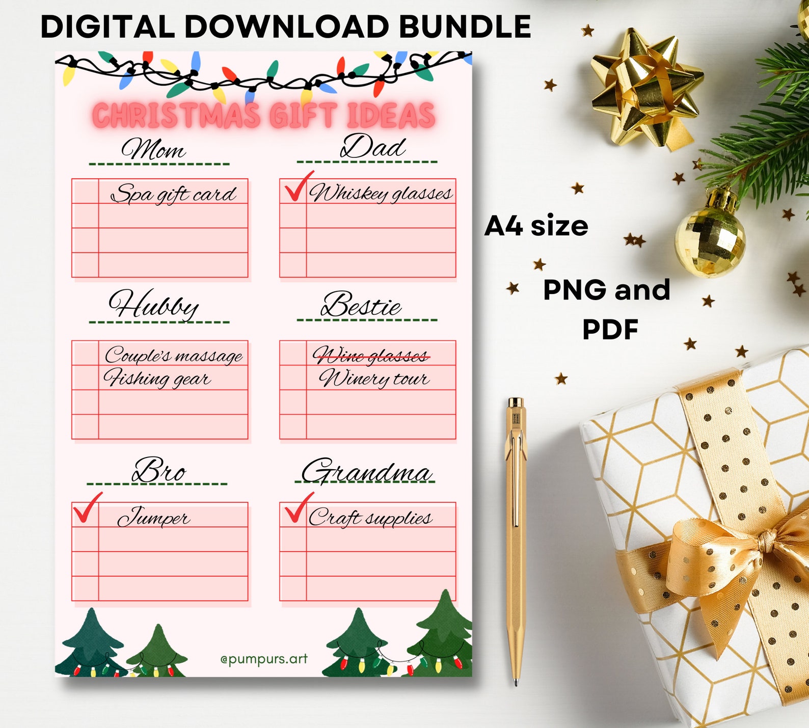 Christmas Gift Idea List Holiday Shopping Checklist Blank Etsy