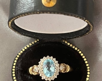 Vintage 9ct yellow gold blue Topaz and Diamond Ring, Size Q USA 8,
