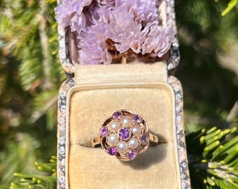 Vintage 9ct Gold Amethyst Pearl Halo Ring: 1950s Art Deco Cluster