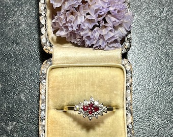 Vintage 18k Yellow Gold Ruby Diamond Cluster Ring - UK Size P / USA 7.5