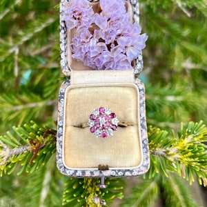May include: A ring with a cluster of pink and white gemstones set in a gold band, displayed in a small velvet ring box with a purple flower inside.