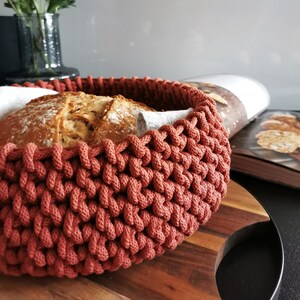 Cesta de algodão para armazenamento de cozinha, tigela de pão ou frutas feita à mão, organizador de balcão rústico, cesta de crochê para despensa ou decoração de mesa, presente para casa nova